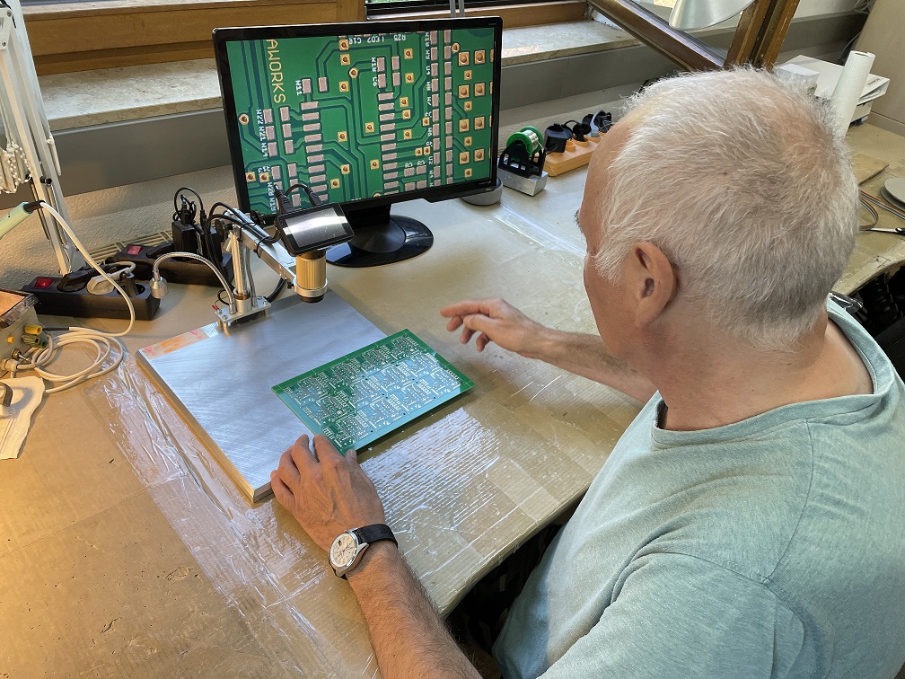 One of the frequent quality checks during the PCB production, here in particular soldering paste was applied on the raw matrices before they go inside the pick-and-place machine