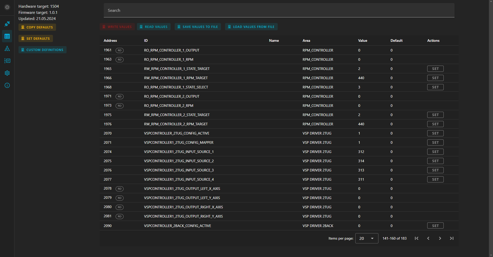 USV Studio: Register list view